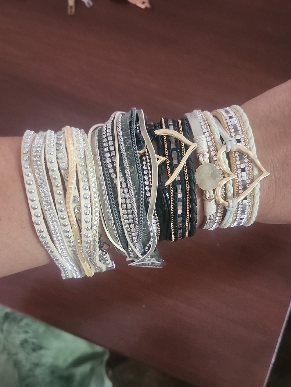 Layered Wrap Bracelet Set in Cream, Black & Gold Accents